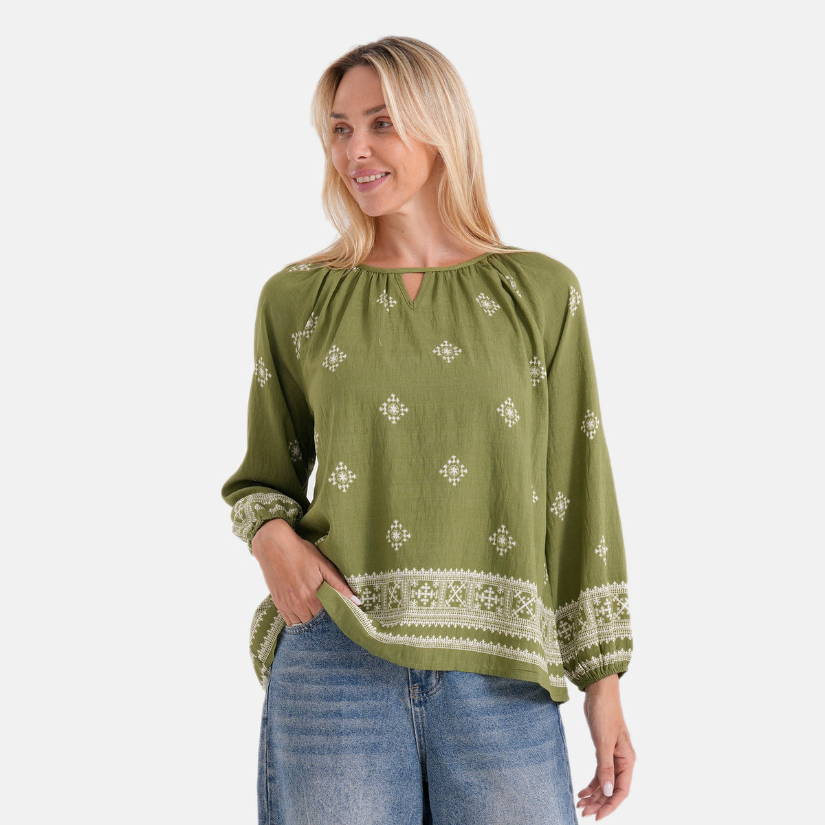 La Marey Placement Print Blouse (Size S/M, 8 To 14) - Olive Green V32605018 0