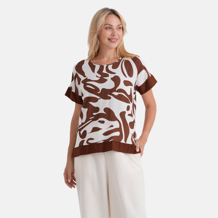 La Marey Womens Printed Short Sleeve Blouse (Size L/XL, 16-22) - White &amp; Brown 8483909 1
