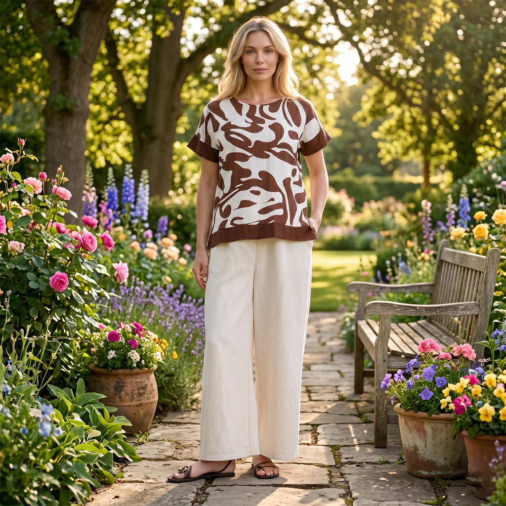 La Marey Womens Printed Short Sleeve Blouse (Size L/XL, 16-22) - White & Brown_8483909_1