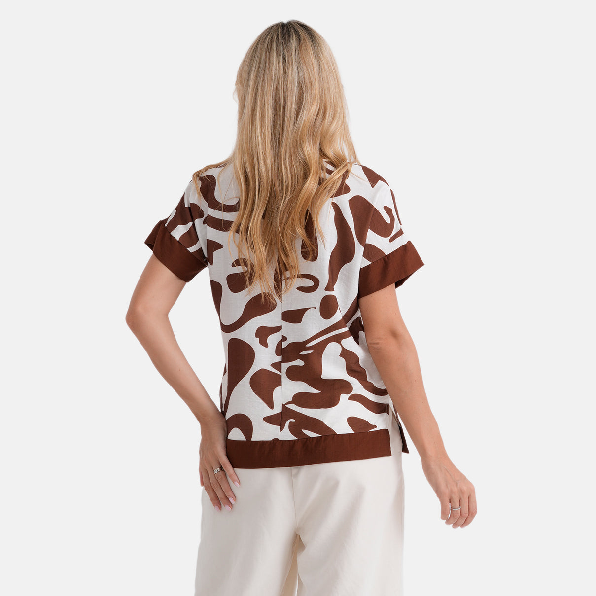 La Marey Womens Printed Short Sleeve Blouse (Size L-XL, 16-22) - White &amp; Brown 8483909 3