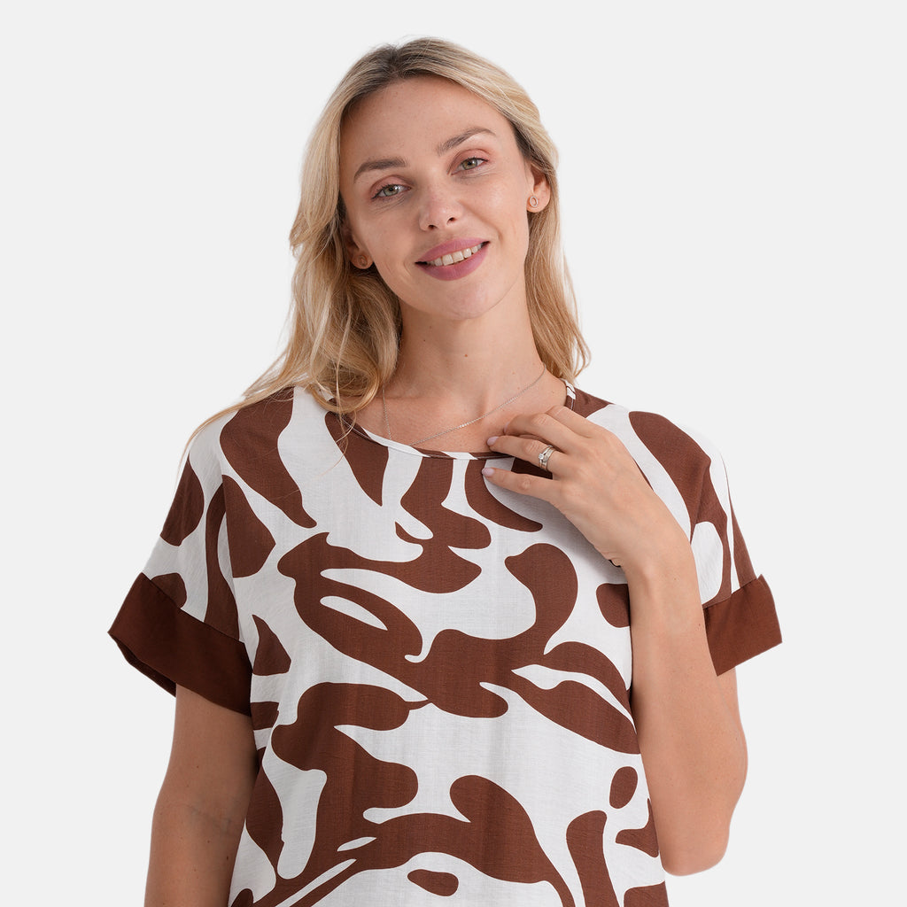 La Marey Womens Printed Short Sleeve Blouse (Size L/XL, 16-22) - White & Brown_8483909_4