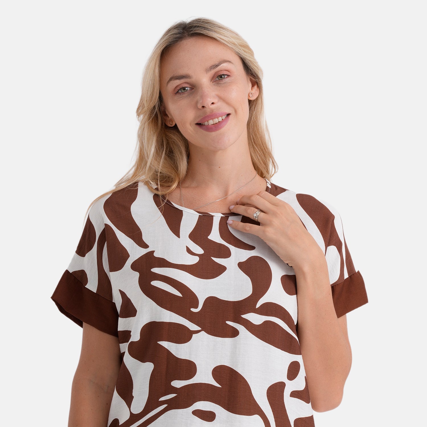 La Marey Womens Printed Short Sleeve Blouse (Size L-XL, 16-22) - White &amp; Brown 8483909 5