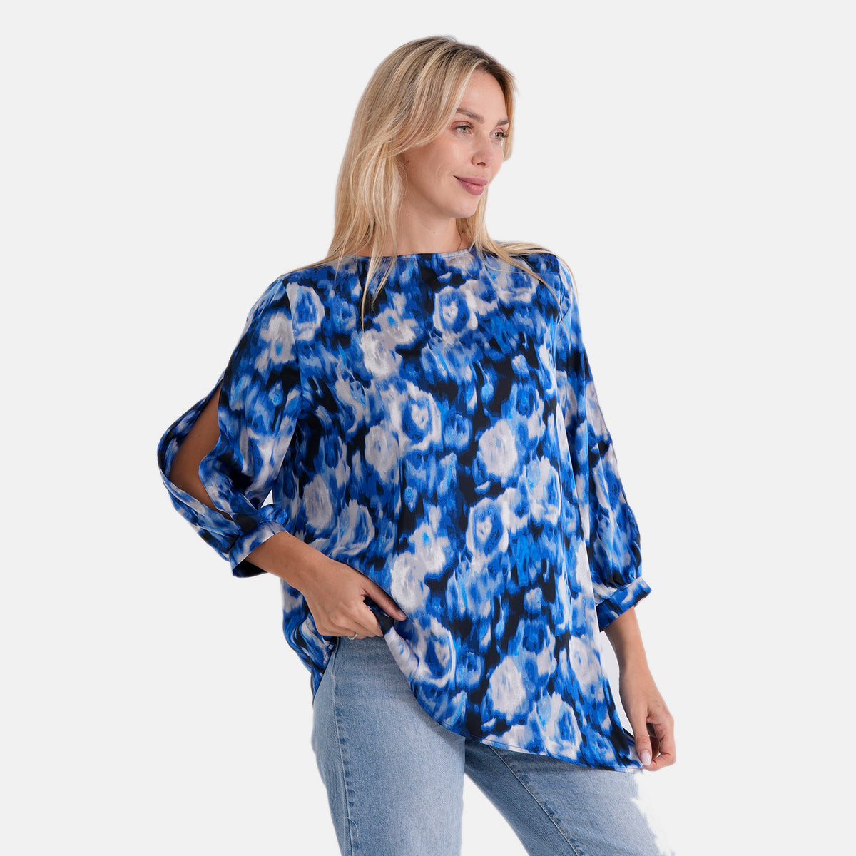 La Marey Asymmetrical Hem Printed Blouse (Size S/M, 8 To 14) - Blue V32589737 4