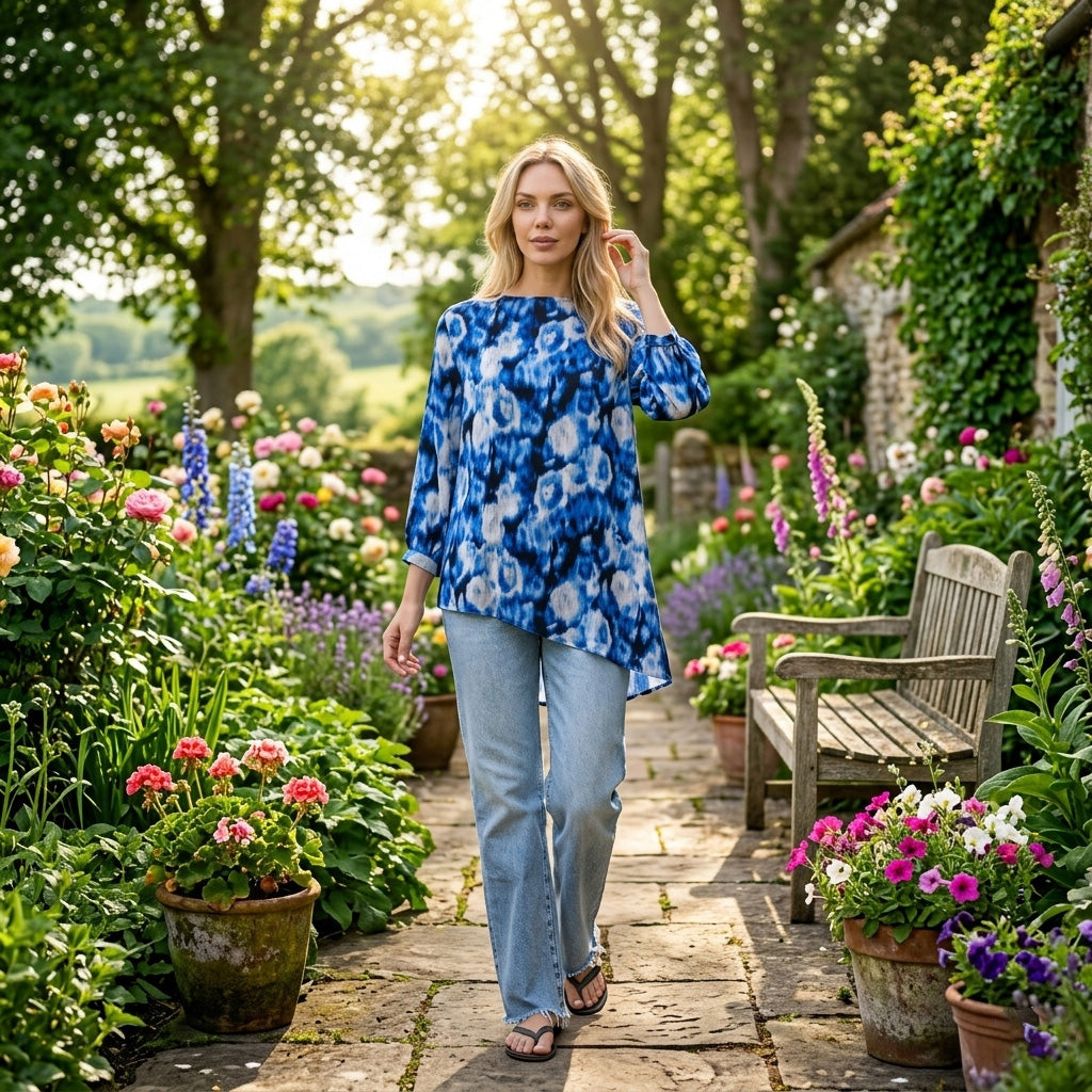 La Marey Asymmetrical Hem Printed Blouse (Size L/XL, 16 To 22) - Blue V32566498 2