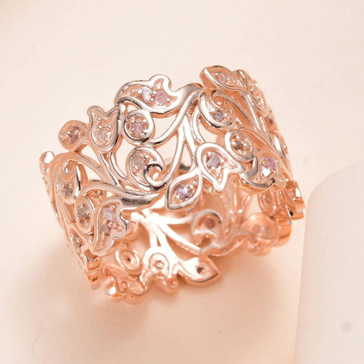 D'Joy Natural Pink Diamond Leafy Vine Ring in 18K Vermeil Rose Gold Plated Sterling Silver V32519957 2