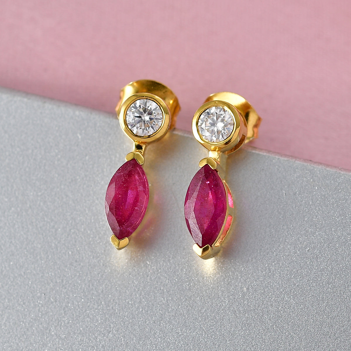 D'Joy Fissure Filled Ruby, Moissanite Drop Push Post Earring in Yellow Gold Plated Sterling Silver 1.92 Ct. V32528611 3