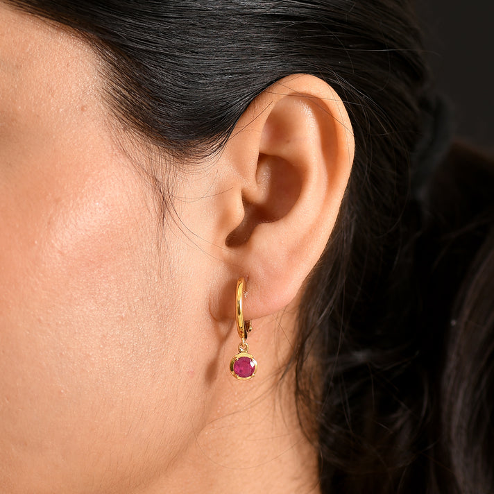 D'Joy Fissure Filled Ruby, White Zircon Dangling Hoop Earring in Yellow Gold Plated Sterling Silver 2.00 Ct. 8485214 2