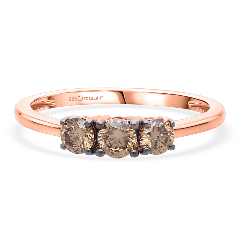 NY Close Out- SI Lab Grown Champagne Diamond Trilogy Ring in 18K Vermeil Rose Gold Plated Sterling Silver 0.50 Ct._8485249