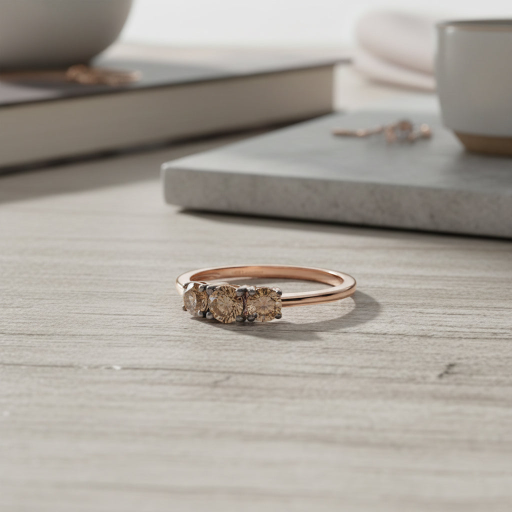 NY Close Out- LUXURIANT 0.5 Ct. Lab Grown Champagne Diamond Trilogy Ring in 18K Vermeil Rose Gold Over Sterling Silver (SI) 8485249 3