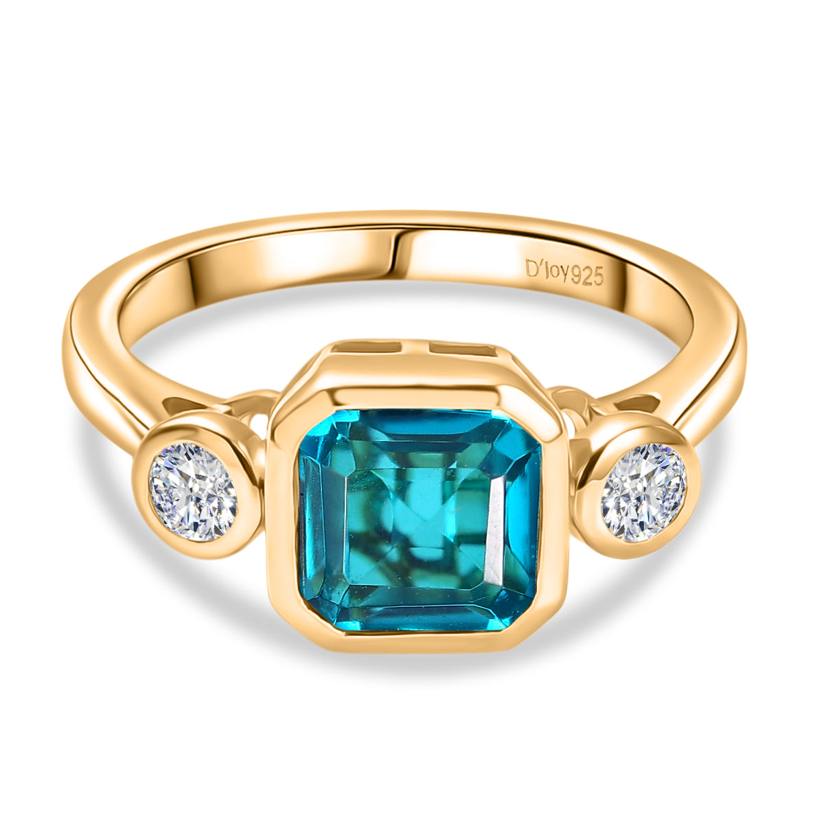D'Joy Capri Blue Quartz &amp; White Topaz Emerald Cut Trilogy Ring in Yellow Gold Plated Sterling Silver 2.23 Ct. V32533845 0