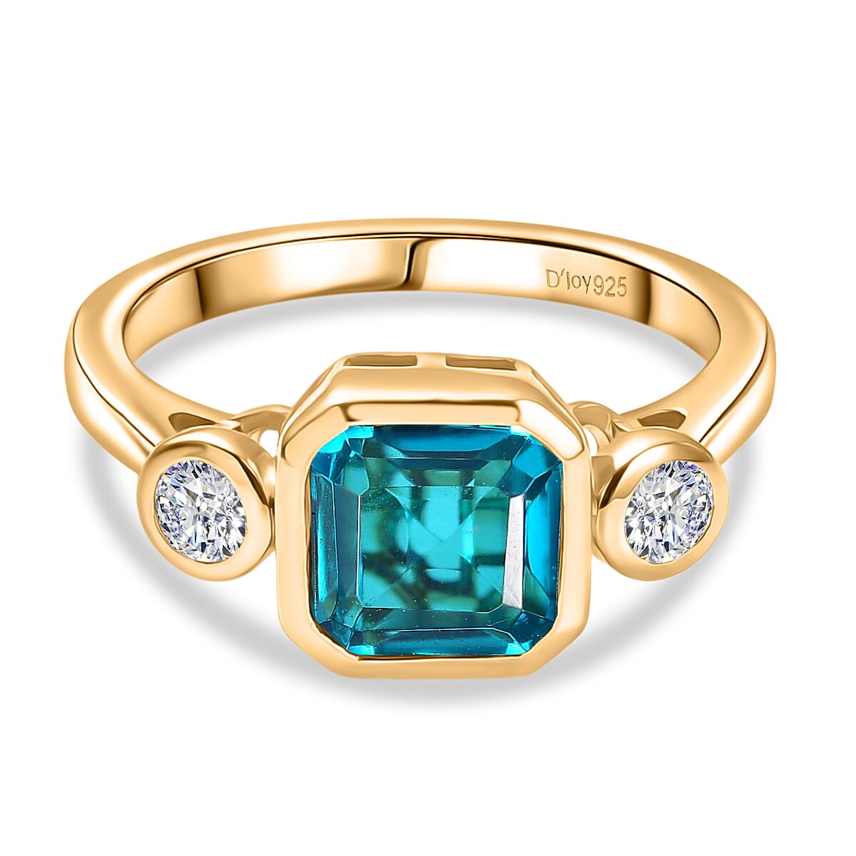 D'Joy Capri Blue Quartz &amp; White Topaz Emerald Cut Trilogy Ring in Yellow Gold Plated Sterling Silver 2.23 Ct. V32514401 0