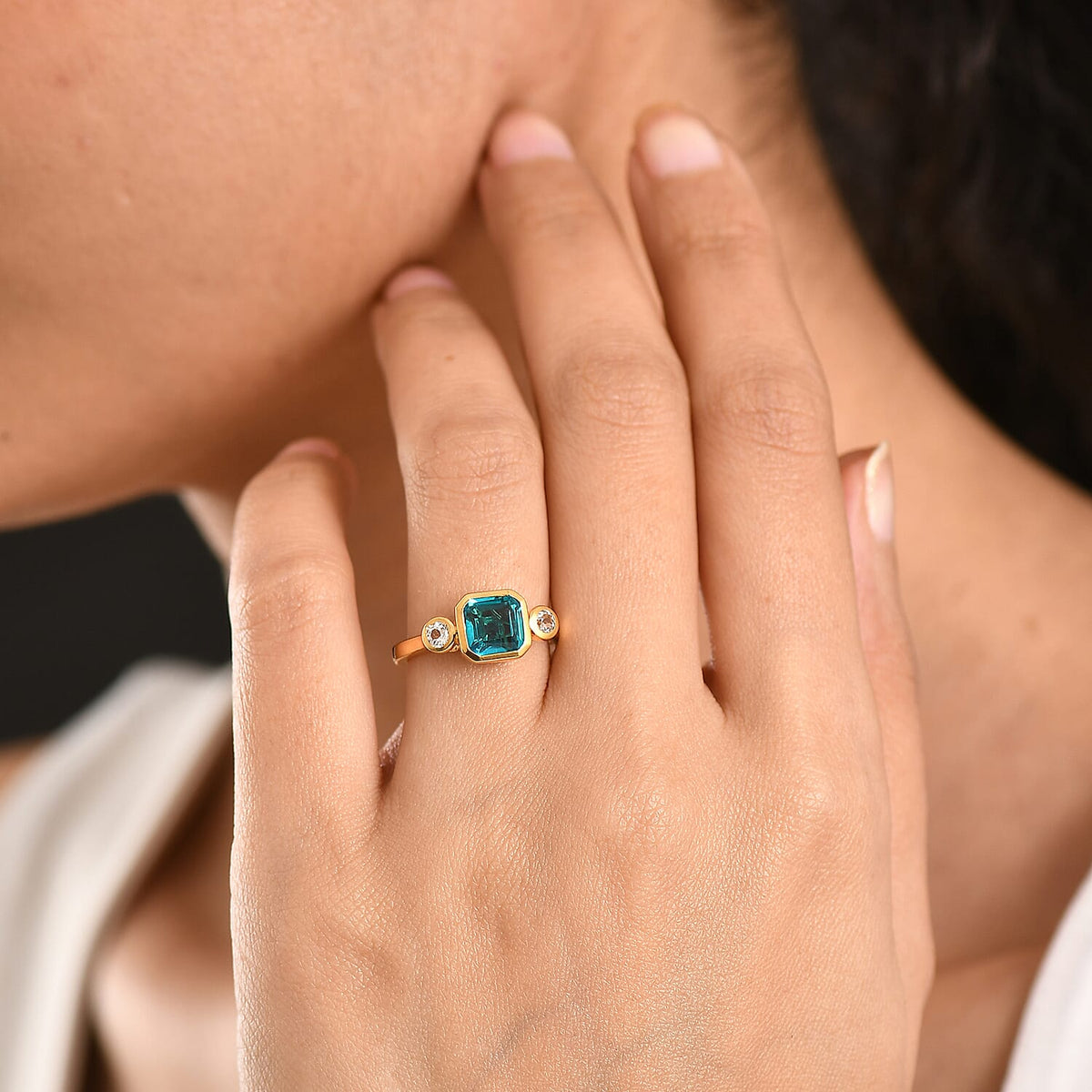D'Joy Capri Blue Quartz &amp; White Topaz Emerald Cut Trilogy Ring in Yellow Gold Plated Sterling Silver 2.23 Ct. V32514401 2