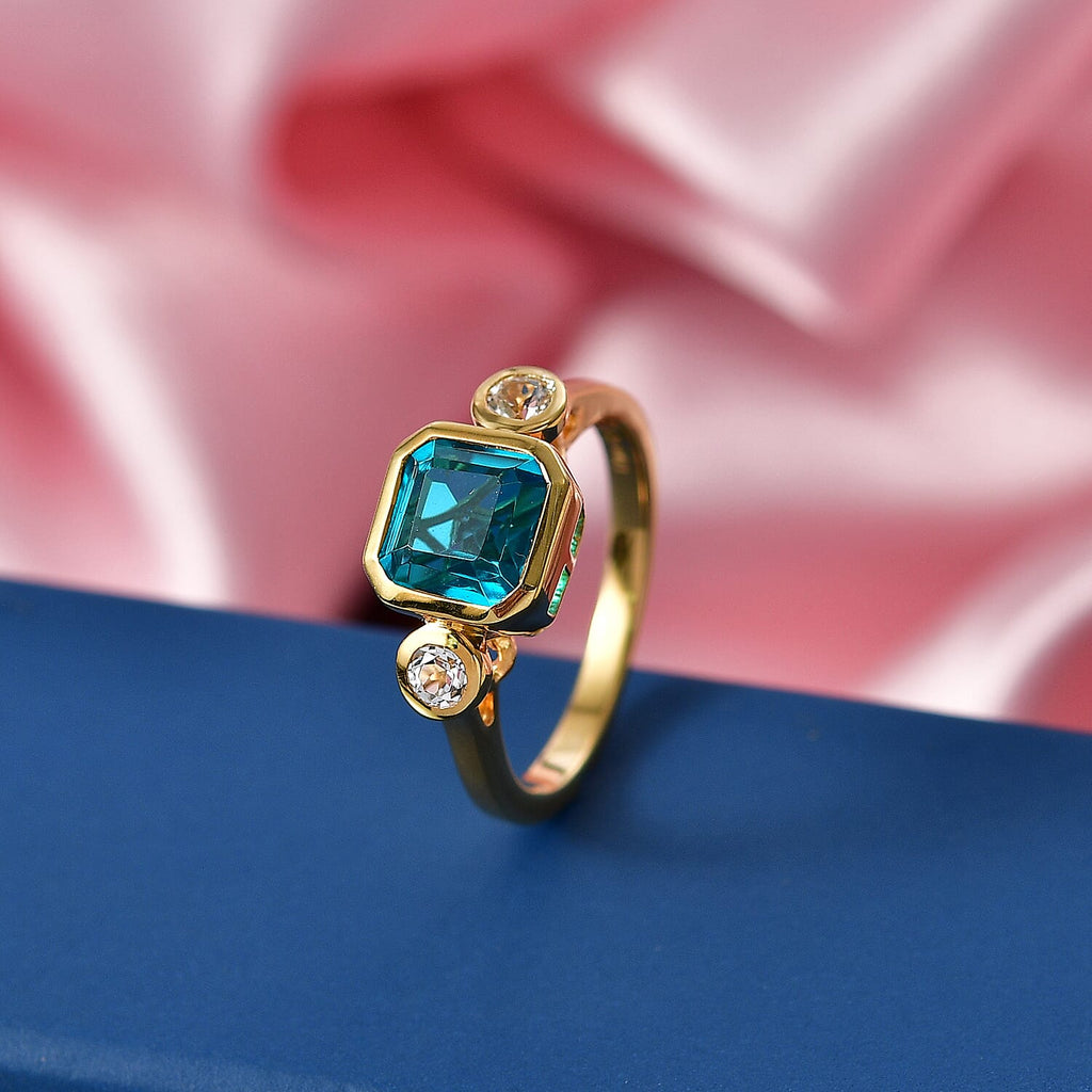 D'Joy Capri Blue Quartz & White Topaz Emerald Cut Trilogy Ring in Yellow Gold Plated Sterling Silver 2.23 Ct._8485396_2