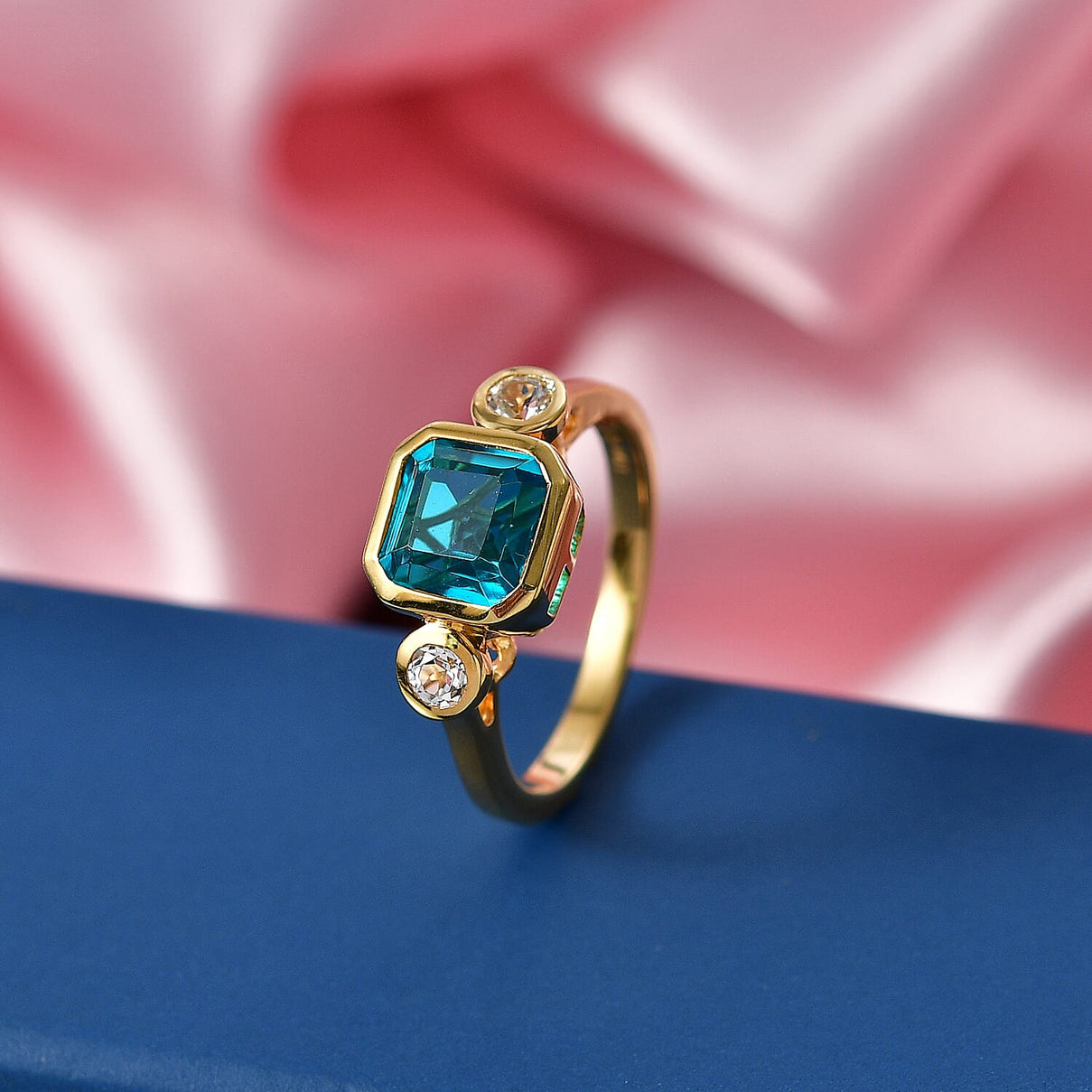 D'Joy Capri Blue Quartz &amp; White Topaz Emerald Cut Trilogy Ring in Yellow Gold Plated Sterling Silver 2.23 Ct. V32514401 3