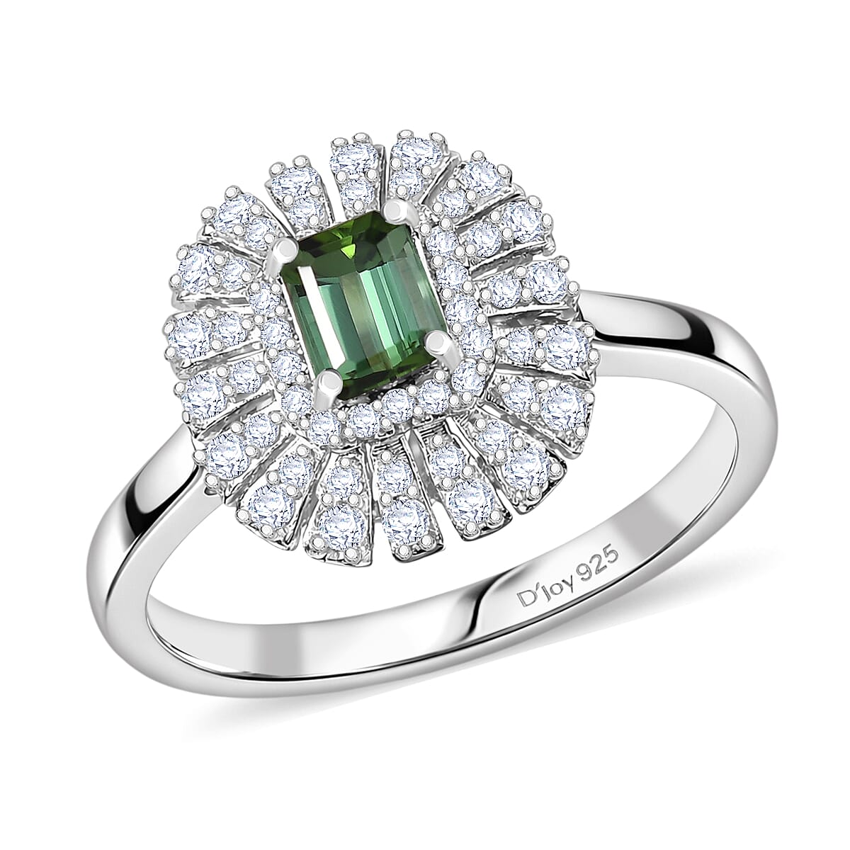 Certified and Appraised D'Joy Lagoon Tourmaline, Moissanite Main Stone With Surrounding Stone Ring in Rhodium Overlay Sterling Silver 1.020 Ct. 8485874 0