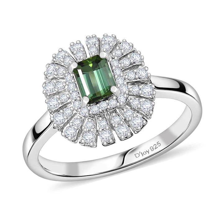 Certified and Appraised D'Joy Lagoon Tourmaline, Moissanite Main Stone With Surrounding Stone Ring in Rhodium Overlay Sterling Silver 1.020 Ct. 8485874 1