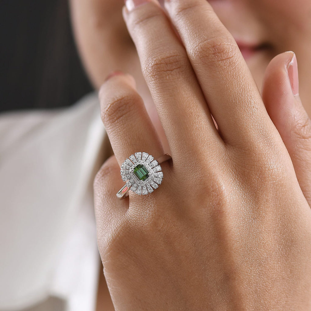 D'Joy Lagoon Tourmaline, Moissanite Main Stone With Surrounding Stone Ring in Rhodium OverlaySterling Silver  1.020  Ct._8485874_2