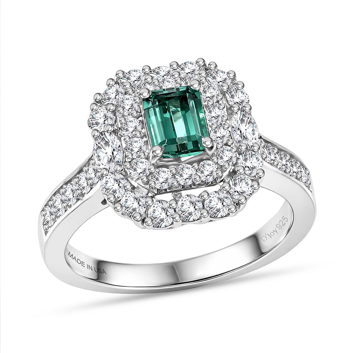 Certified and Appraised D'Joy Lagoon Tourmaline, Moissanite Main Stone With Surrounding Stone Ring in Rhodium Overlay Sterling Silver 1.600 Ct. 8485890 0