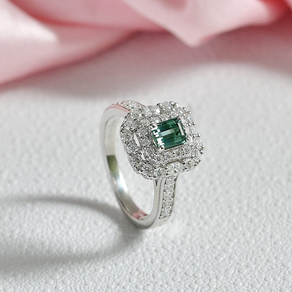 D'Joy Lagoon Tourmaline, Moissanite Main Stone With Surrounding Stone Ring in Rhodium OverlaySterling Silver  1.600  Ct._8485890_1