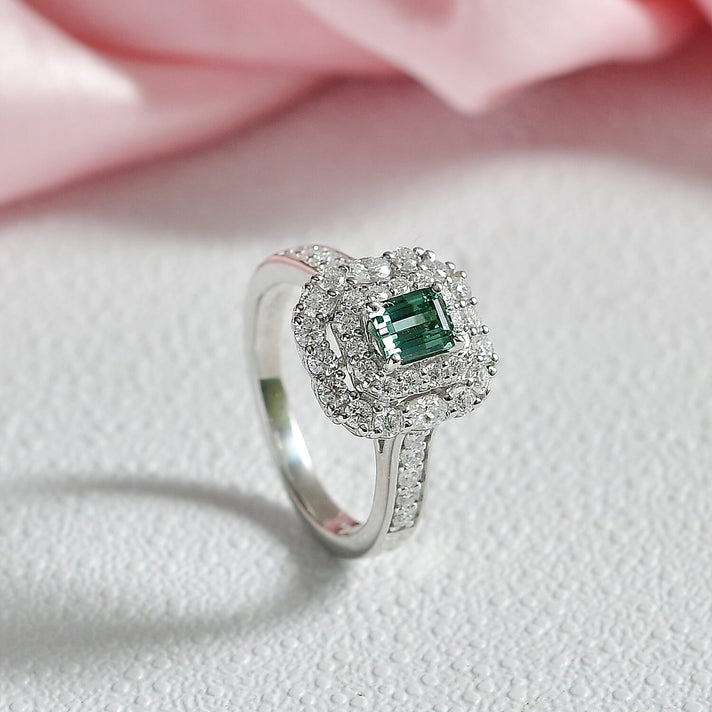 Certified and Appraised D'Joy Lagoon Tourmaline, Moissanite Main Stone With Surrounding Stone Ring in Rhodium Overlay Sterling Silver 1.600 Ct. 8485890 2