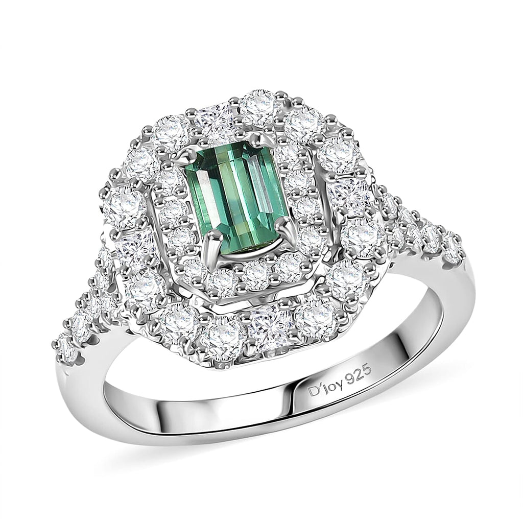 D'Joy Lagoon Tourmaline, Moissanite Main Stone With Surrounding Stone Ring in Rhodium OverlaySterling Silver  1.610  Ct._8485919
