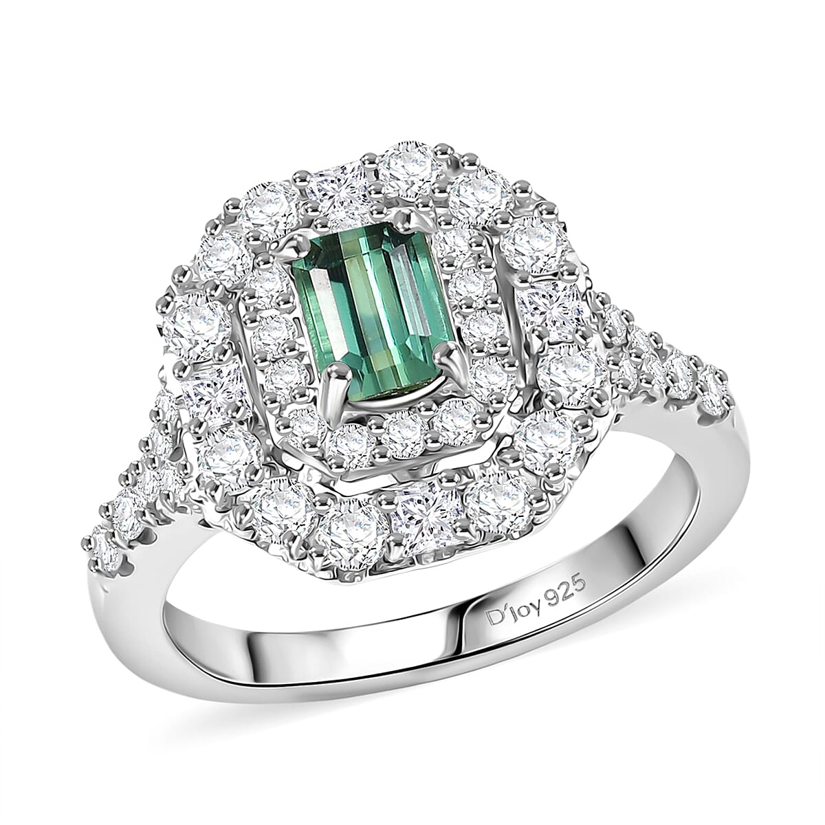 Certified and Appraised D'Joy Lagoon Tourmaline, Moissanite Main Stone With Surrounding Stone Ring in Rhodium Overlay Sterling Silver 1.610 Ct. 8485919 0