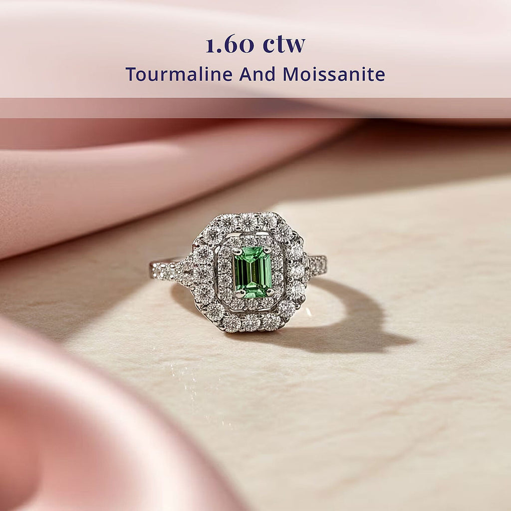 D'Joy Lagoon Tourmaline, Moissanite Main Stone With Surrounding Stone Ring in Rhodium OverlaySterling Silver  1.610  Ct._8485919_2