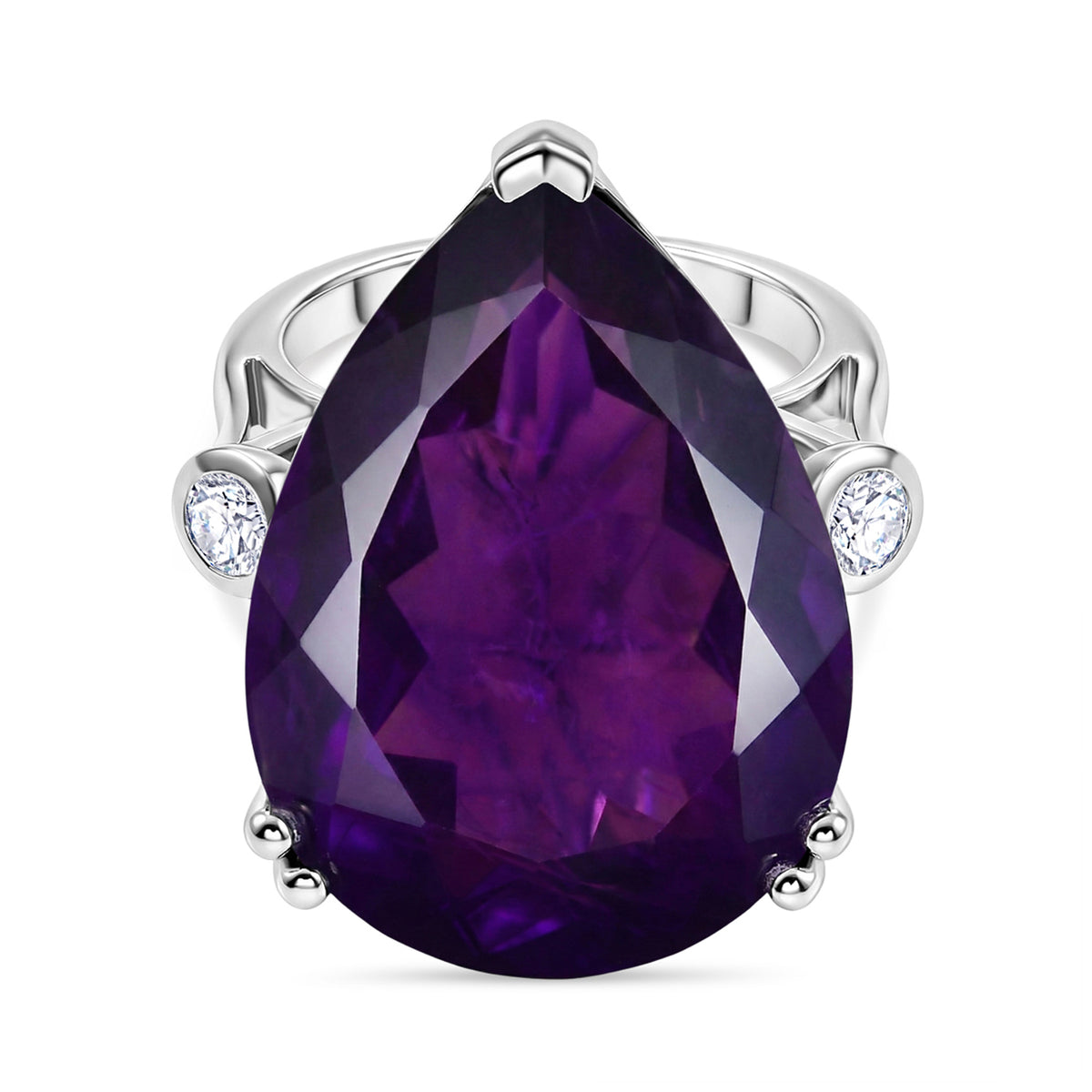 LARGEST AMETHYST RING - Lab Grown Diamond SI-G-H & AAA African Amethyst Pear Cut Solitaire Ring in Rhodium Overlay Sterling Silver 27.33 Ct.