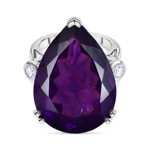 LARGEST AMETHYST RING - Lab Grown Diamond SI-G-H & AAA African Amethyst Pear Cut Solitaire Ring in Rhodium Overlay Sterling Silver 27.33 Ct.