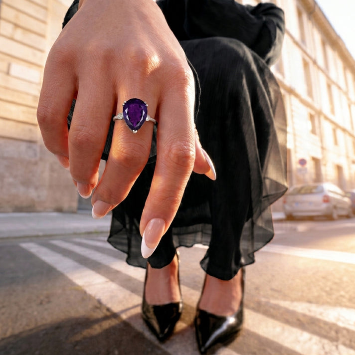 LARGEST AMETHYST RING - Lab Grown Diamond SI-G-H &amp; AAA African Amethyst Pear Cut Solitaire Ring in Rhodium Overlay Sterling Silver 27.33 Ct. 8486266 2