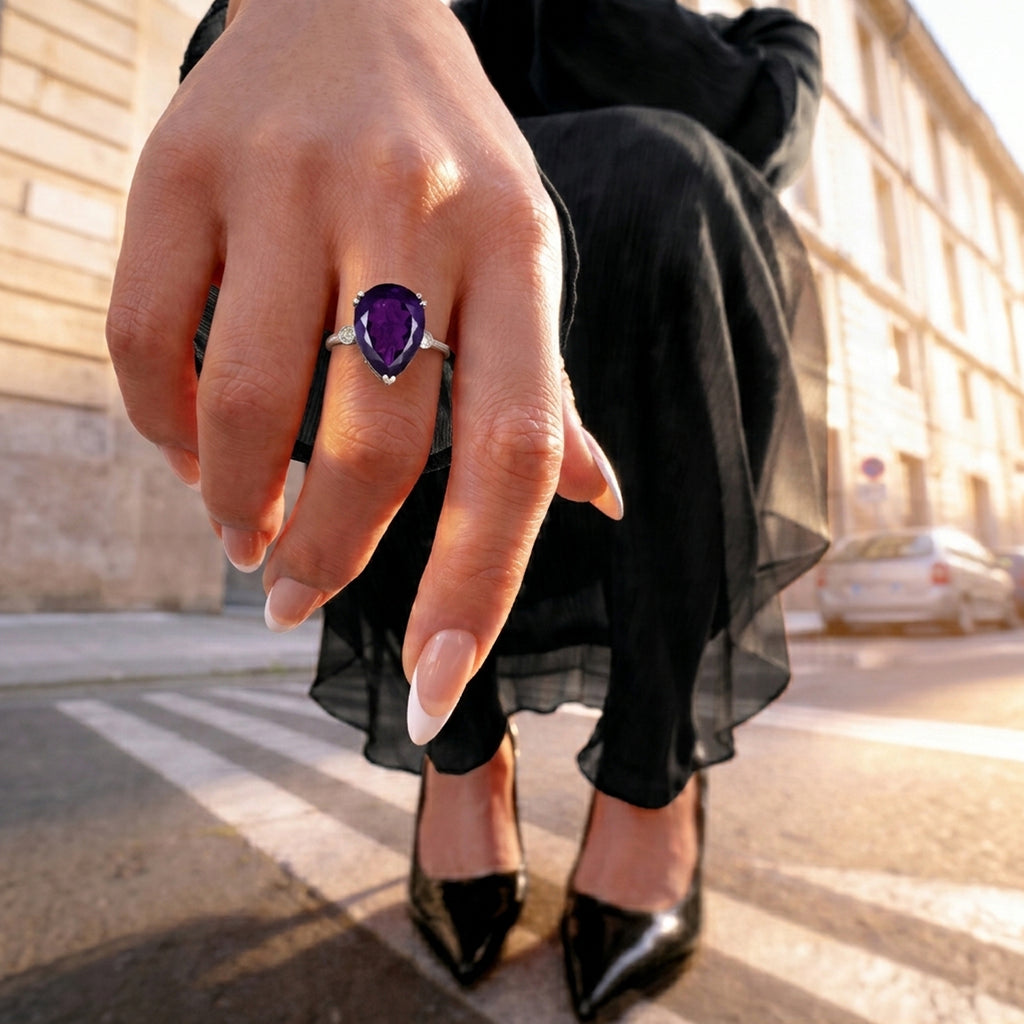 LARGEST AMETHYST RING - Lab Grown Diamond SI-G/H & AAA African Amethyst Pear Cut Solitaire Ring in Rhodium Overlay Sterling Silver 27.33 Ct._8486266_2