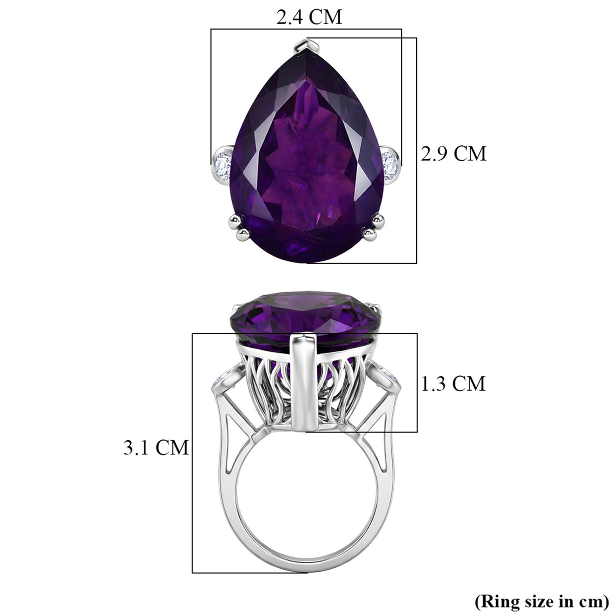 LARGEST AMETHYST RING - Lab Grown Diamond SI-G/H &amp; AAA African Amethyst Pear Cut Solitaire Ring in Rhodium Overlay Sterling Silver 27.33 Ct. V32574531 9