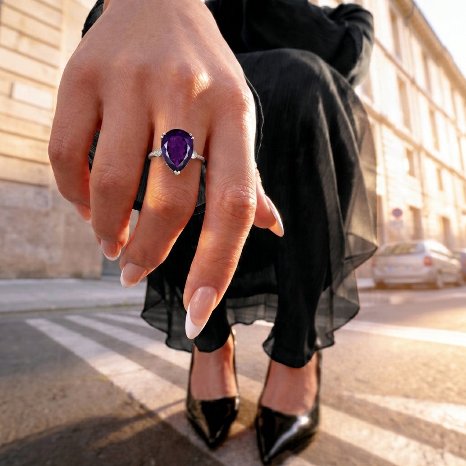 LARGEST AMETHYST RING - Lab Grown Diamond SI-G/H &amp; AAA African Amethyst Pear Cut Solitaire Ring in Rhodium Overlay Sterling Silver 27.33 Ct. V32521523 3