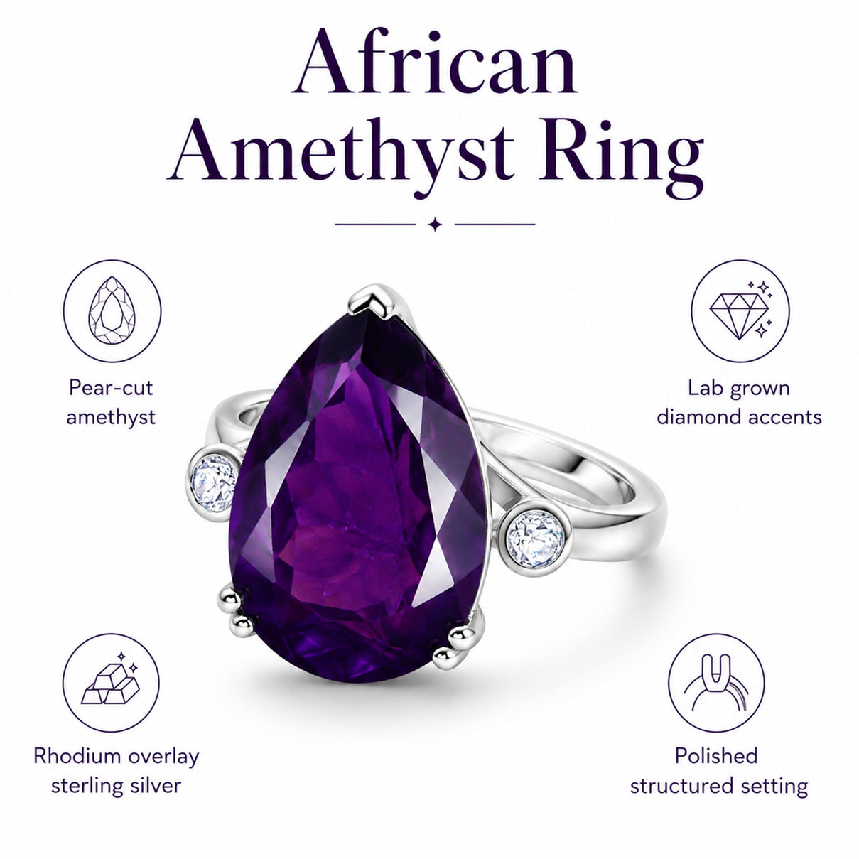 LARGEST AMETHYST RING - Lab Grown Diamond SI-G/H &amp; AAA African Amethyst Pear Cut Solitaire Ring in Rhodium Overlay Sterling Silver 27.33 Ct. V32521523 7