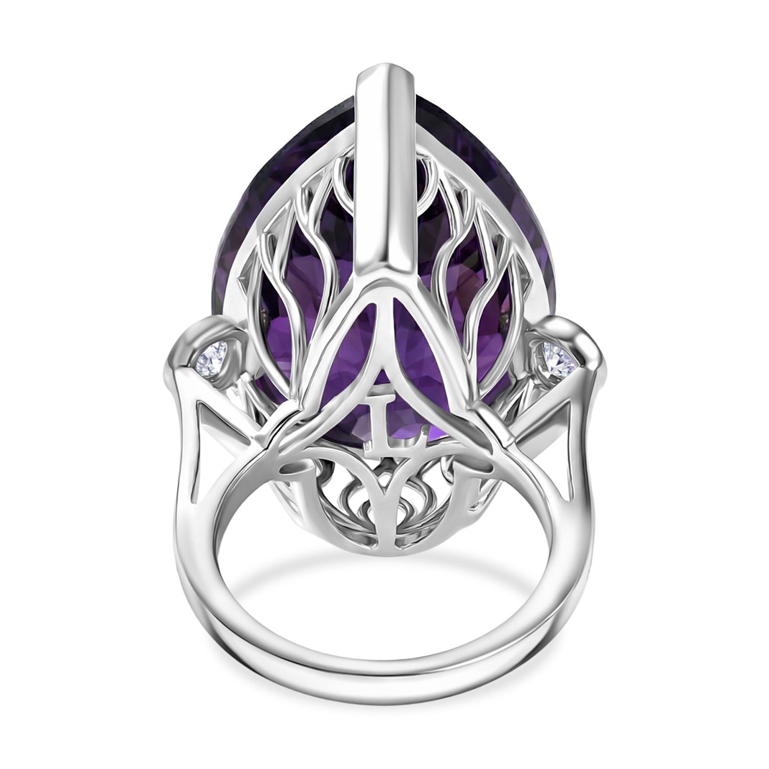 LARGEST AMETHYST RING - Lab Grown Diamond SI-G/H &amp; AAA African Amethyst Pear Cut Solitaire Ring in Rhodium Overlay Sterling Silver 27.33 Ct. V32521523 8