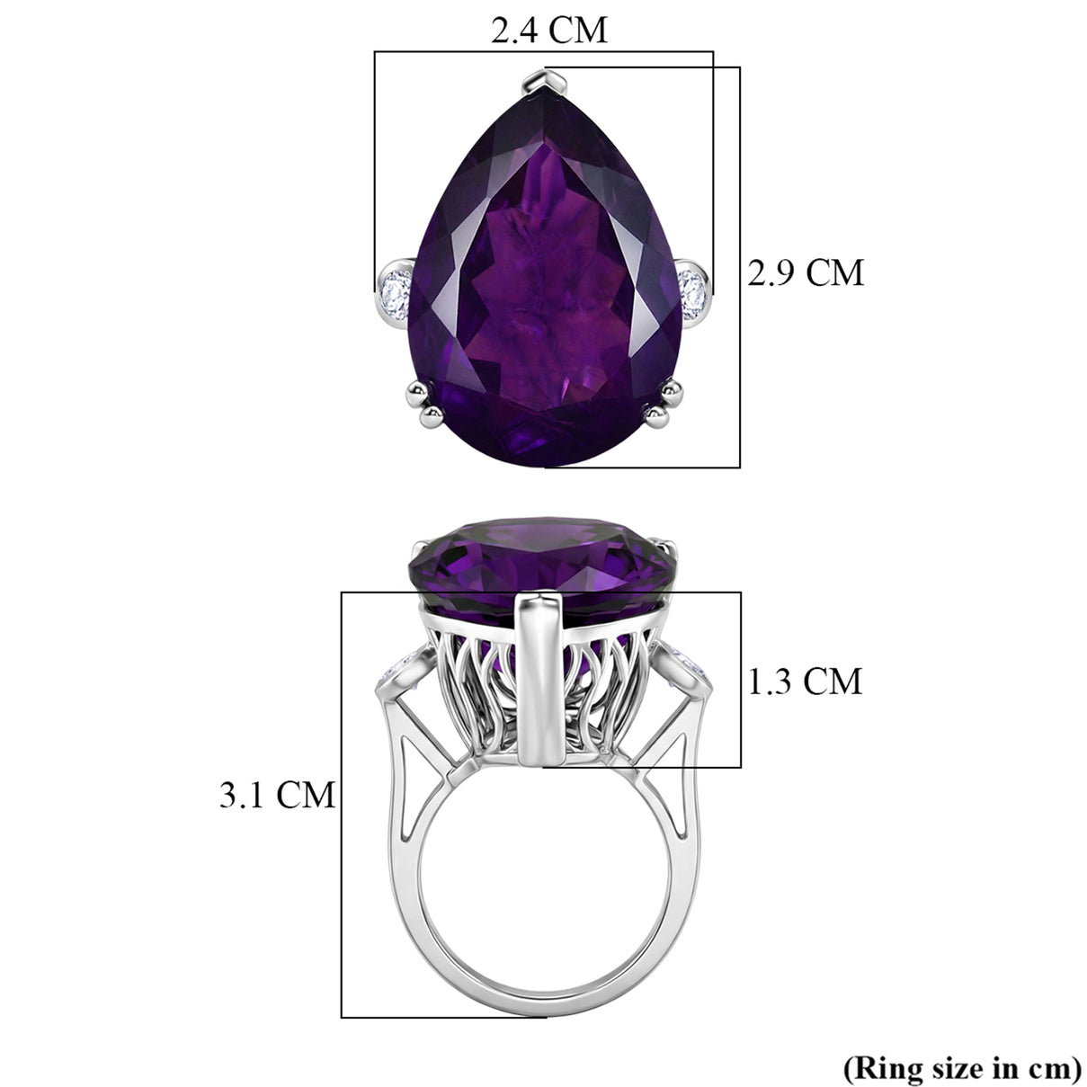 LARGEST AMETHYST RING - Lab Grown Diamond SI-G/H &amp; AAA African Amethyst Pear Cut Solitaire Ring in Rhodium Overlay Sterling Silver 27.33 Ct. V32521523 9