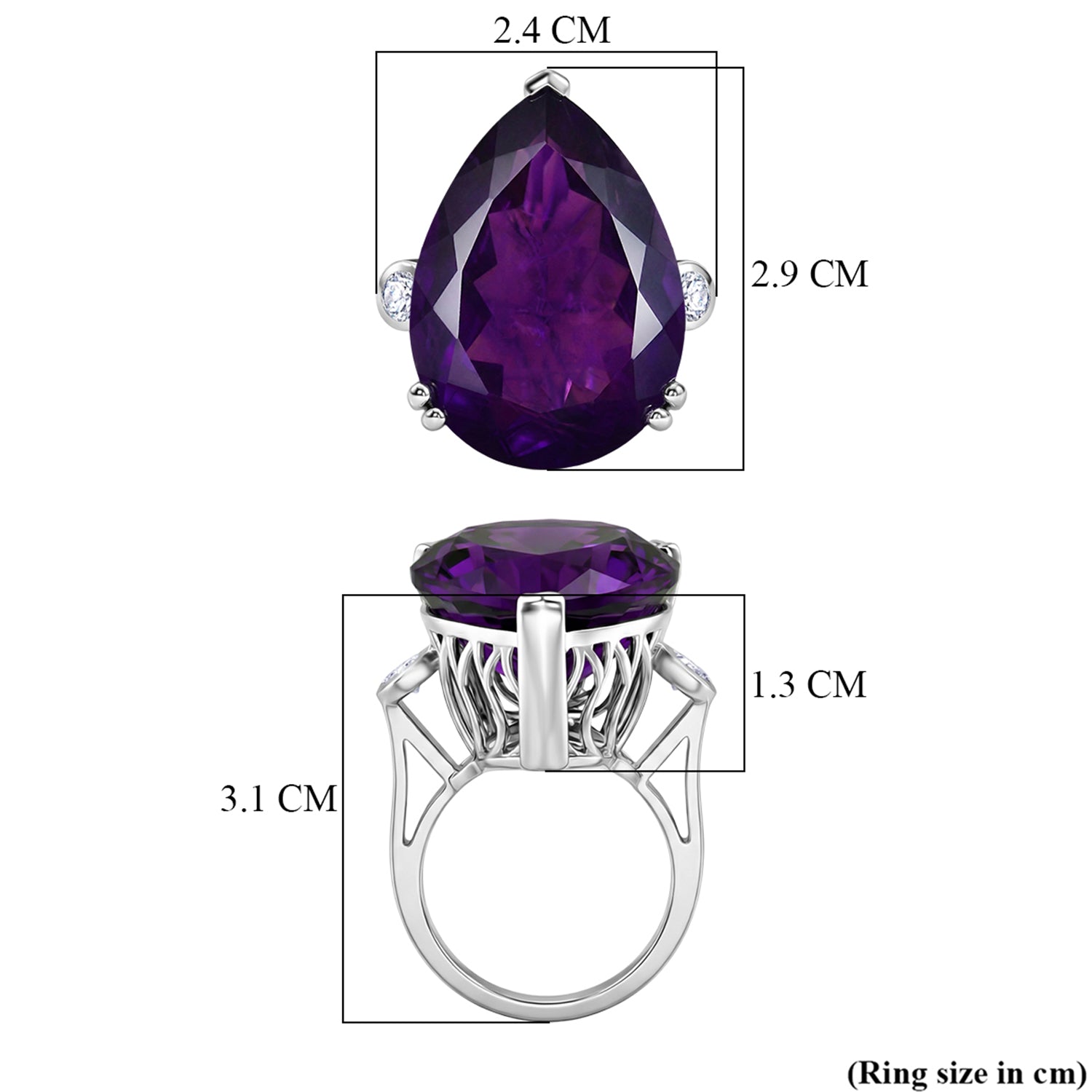 LARGEST AMETHYST RING - Lab Grown Diamond SI-G/H &amp; AAA African Amethyst Pear Cut Solitaire Ring in Rhodium Overlay Sterling Silver 27.33 Ct. V32521523 9