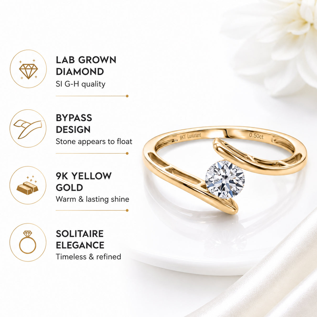 LUXURIANT 0.50 Ct. Lab Grown Diamond Solitaire Bypass Ring in 9K Yellow Gold (SI-GH) 8486287 4