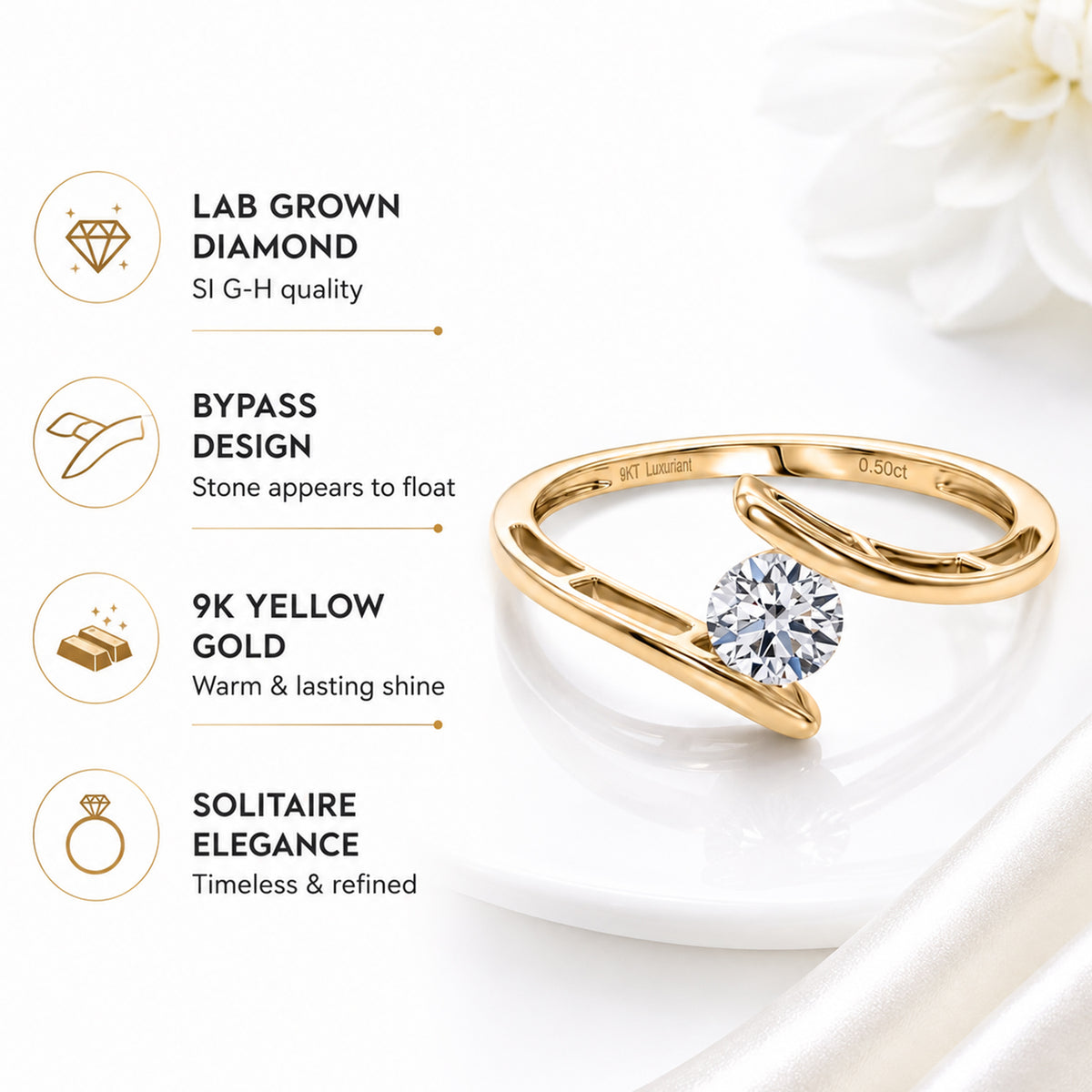 LUXURIANT 0.50 Ct. Lab Grown Diamond Solitaire Bypass Ring in 9K Yellow Gold (SI-GH) 8486287 4
