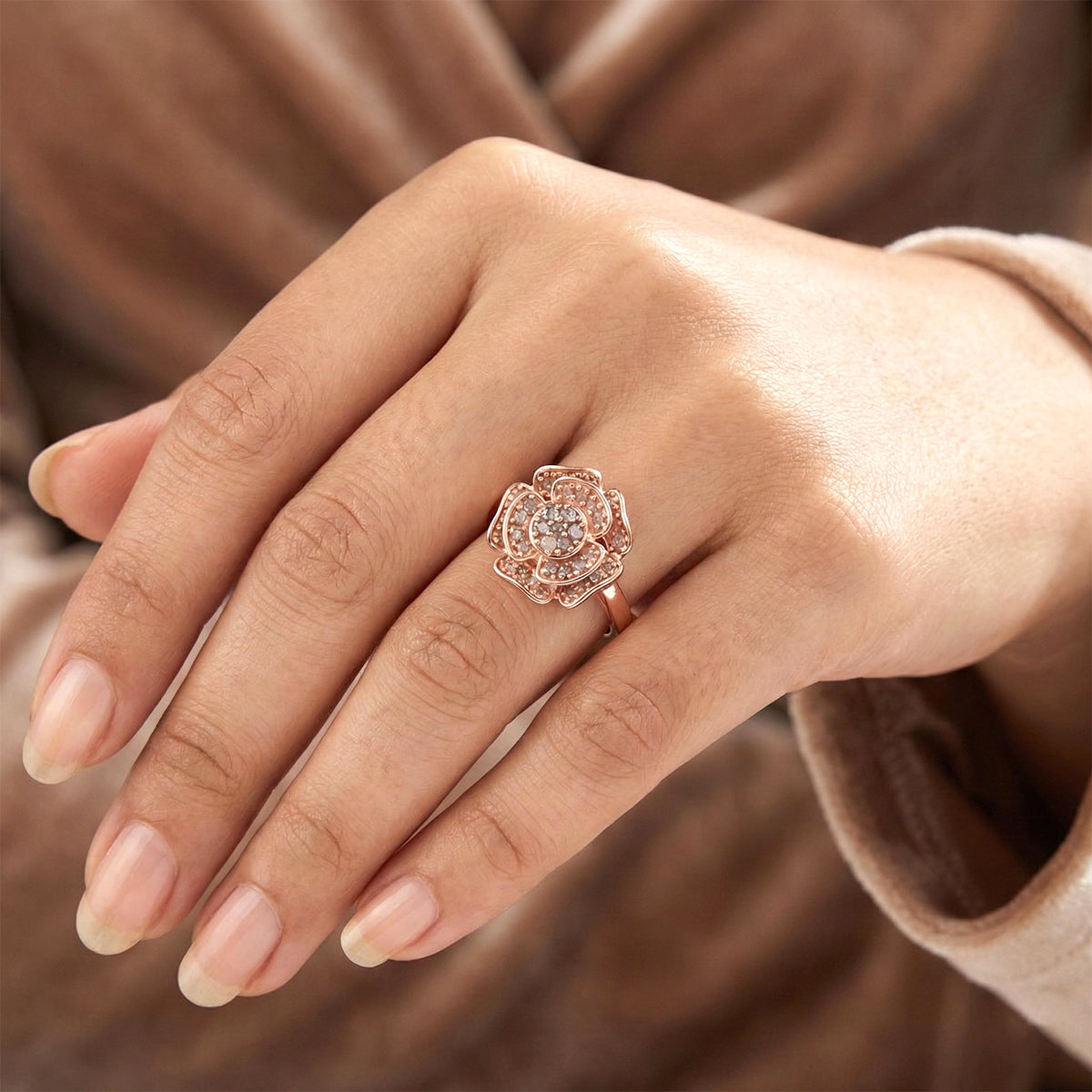 D'Joy Natural Pink Diamond Floral Ring in 18K Vermeil Rose Gold Plated Sterling Silver. Total Diamond Wt 0.50 Cts V32514682 2