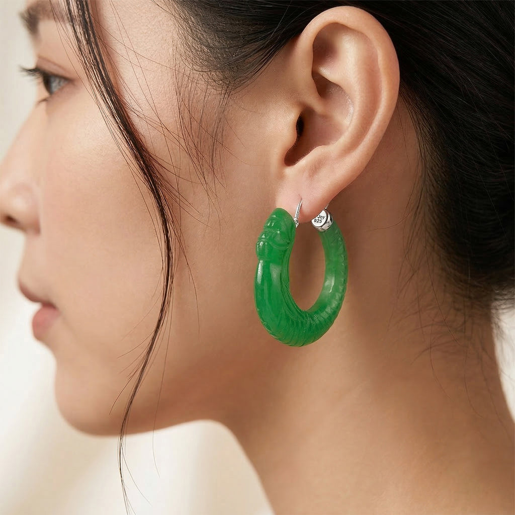 D'Joy Enhanced Green Jade Dragon Hoop Earring with Clasp in Rhodium Overlay Sterling Silver 25.00 Ct._8486545_1