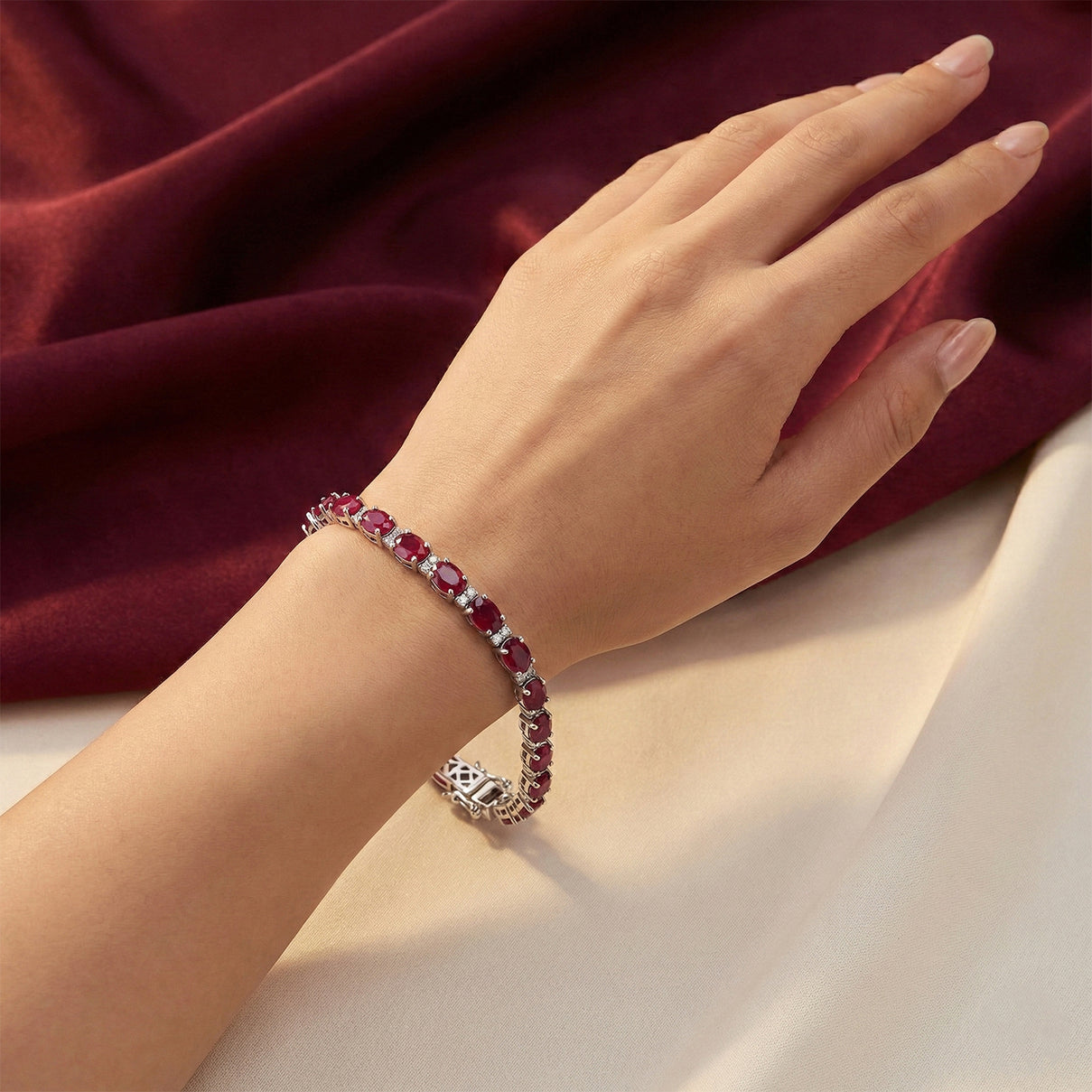 African Ruby &amp; Luxuriant SI-G/H Lab Grown Diamond Tennis Bracelet (Size - 7.5) with GB Lock Box in Rhodium Overlay Sterling Silver 16.95 Ct, Silver Wt. 9.55 Gms V32522405 2