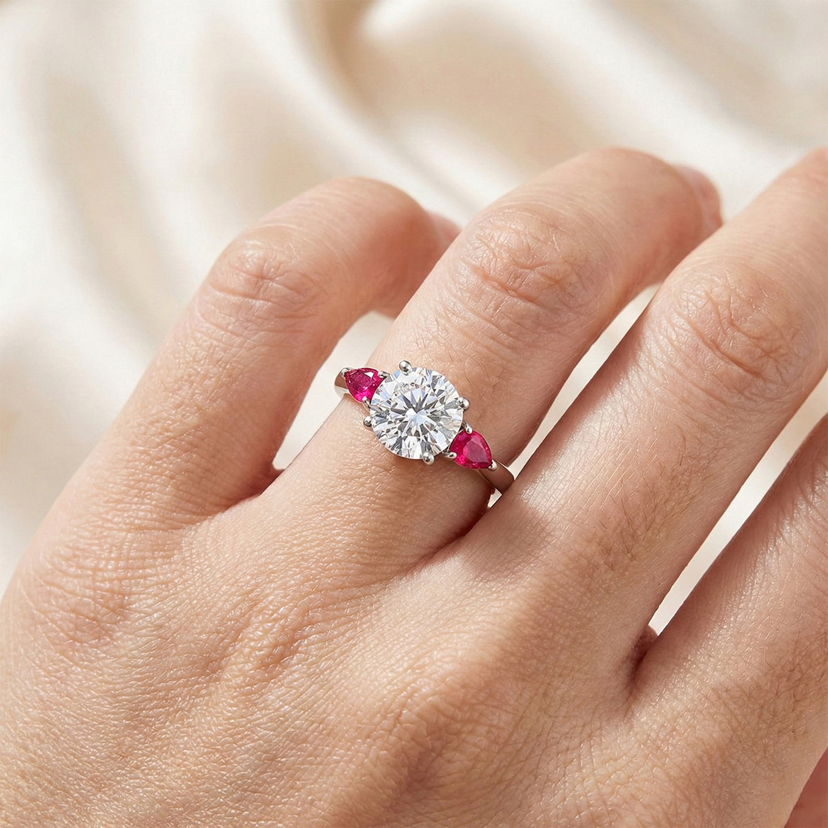 D'Joy Moissanite &amp; African Ruby Trilogy Ring in Rhodium Overlay Sterling Silver 2.26 Ct. V32513800 2