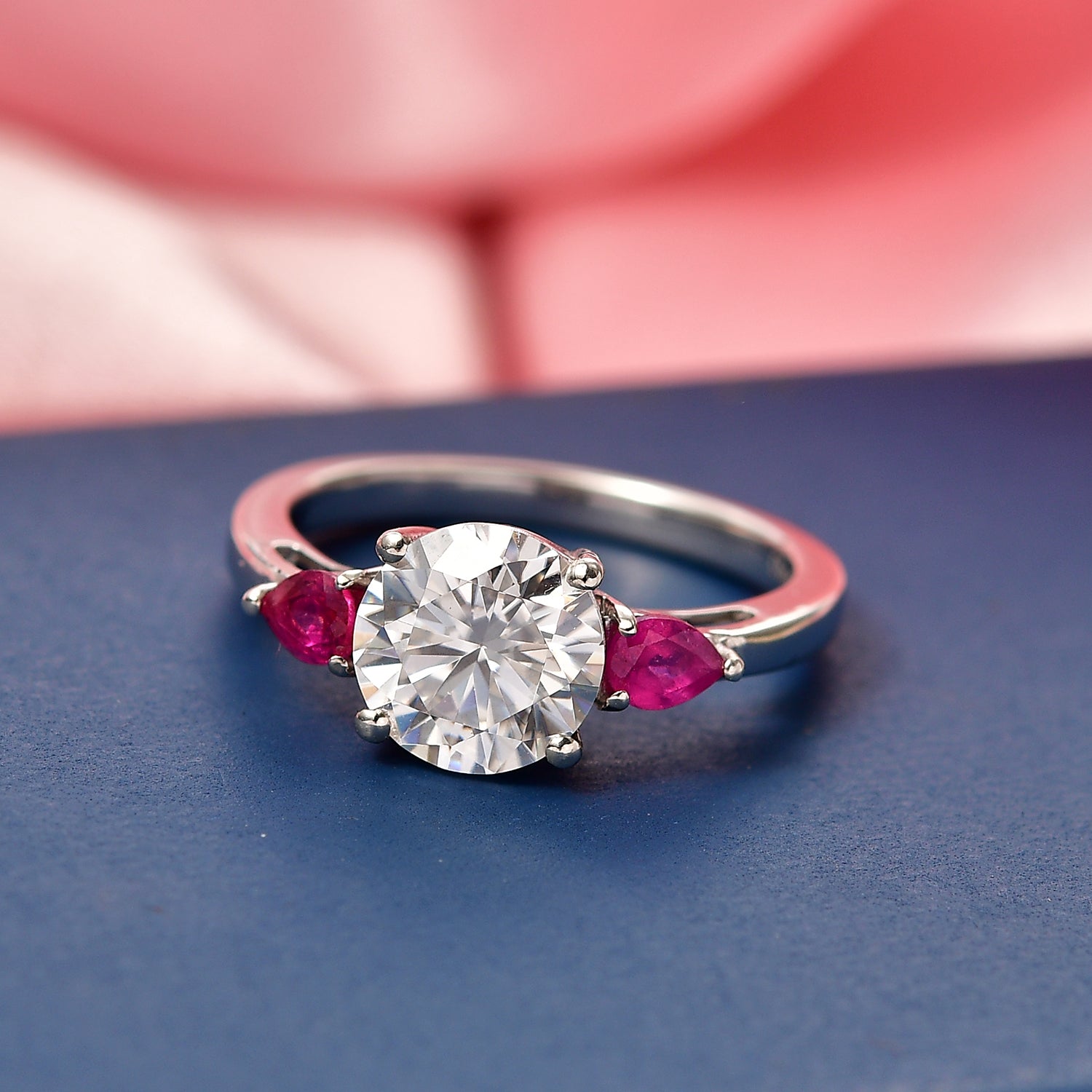 D'Joy Moissanite &amp; African Ruby Trilogy Ring in Rhodium Overlay Sterling Silver 2.26 Ct. V32513800 3