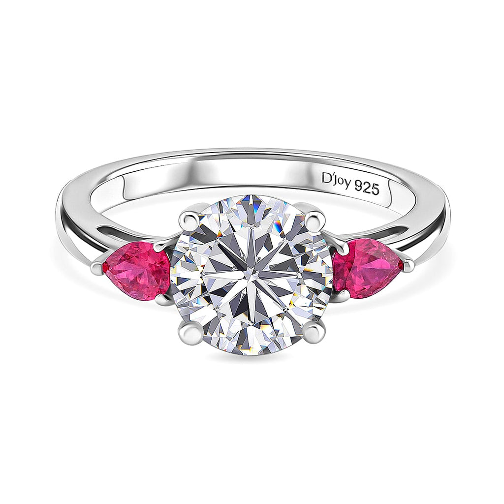 D'Joy Moissanite & African Ruby Trilogy Ring in Rhodium Overlay Sterling Silver 2.26 Ct._8486665