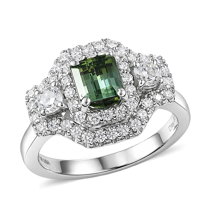 Certified and Appraised D'Joy Lagoon Tourmaline, Moissanite Main Stone With Surrounding Stone Ring in Rhodium Overlay Sterling Silver 1.580 Ct. 8486868 1