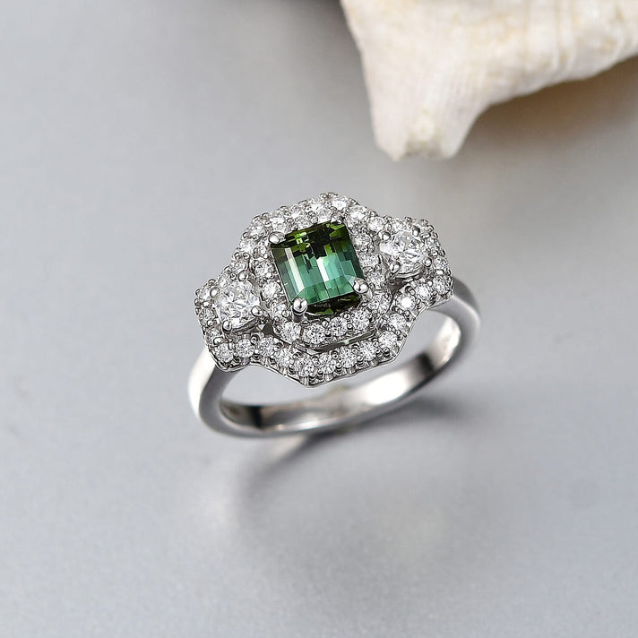 Certified and Appraised D'Joy Lagoon Tourmaline, Moissanite Main Stone With Surrounding Stone Ring in Rhodium Overlay Sterling Silver 1.580 Ct. 8486868 2