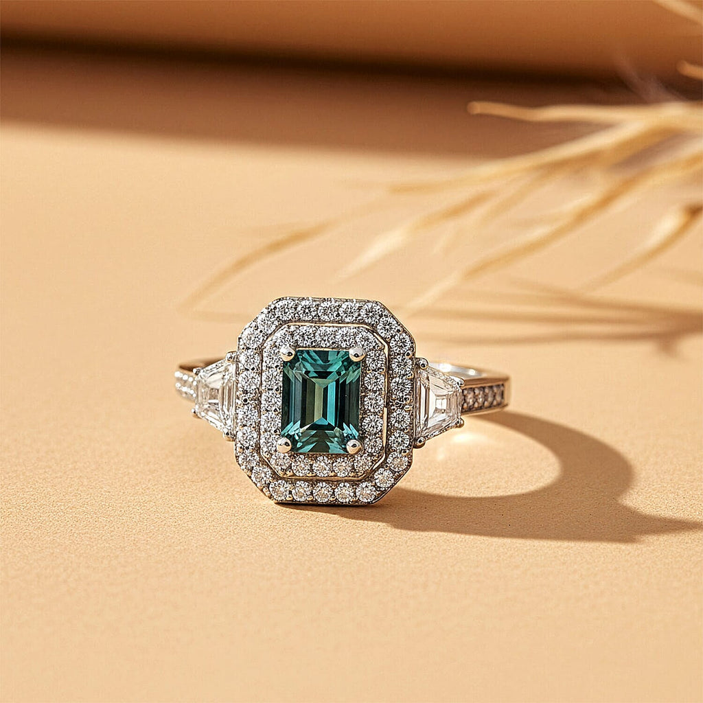 D'Joy Lagoon Tourmaline, Moissanite Main Stone With Surrounding Stone Ring in Rhodium OverlaySterling Silver  2.010  Ct._8486894_1