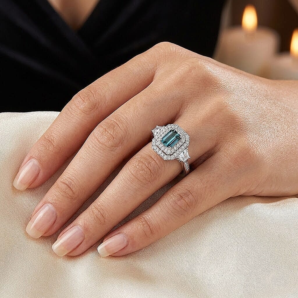 Certified and Appraised D'Joy Lagoon Tourmaline, Moissanite Main Stone With Surrounding Stone Ring in Rhodium Overlay Sterling Silver 2.010 Ct. 8486894 2
