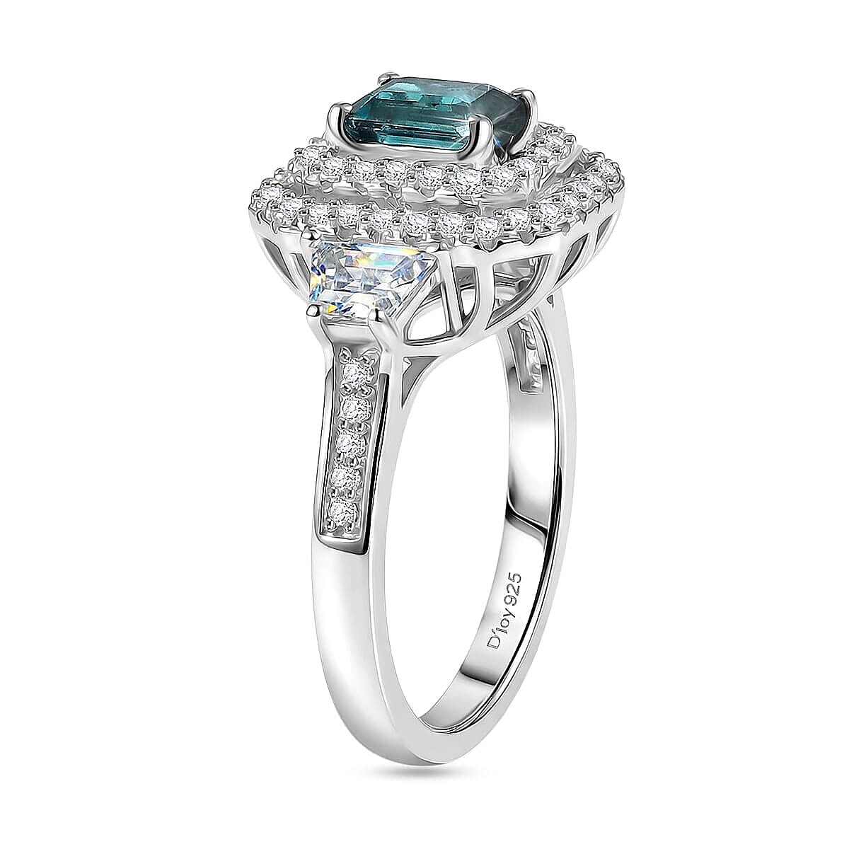 Certified and Appraised D'Joy Lagoon Tourmaline, Moissanite Main Stone With Surrounding Stone Ring in Rhodium Overlay Sterling Silver 2.010 Ct. 8486894 3
